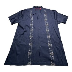Sobrino Mens Short Sleeve Button Up Shirt Dark Navy Embroidered Size XL